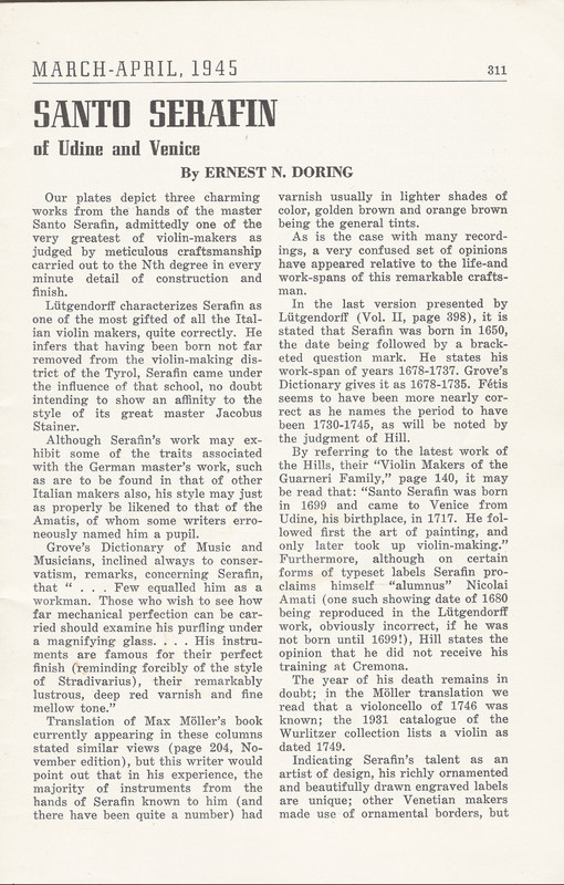 Santo Serafin of Udine and Venice Ernest N. Doring Violin Maker Pages 311-354