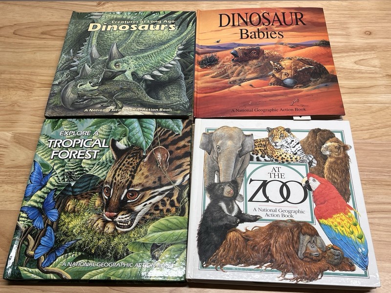 4x Lot National Geographic Action Pop Up Books- Dinosaurs, Zoo, Tropical Forest