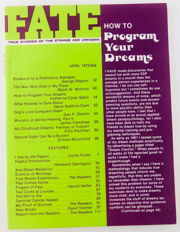 Fate Magazine True Stories of Strange and Unknown April 1975 Program Your Dreams