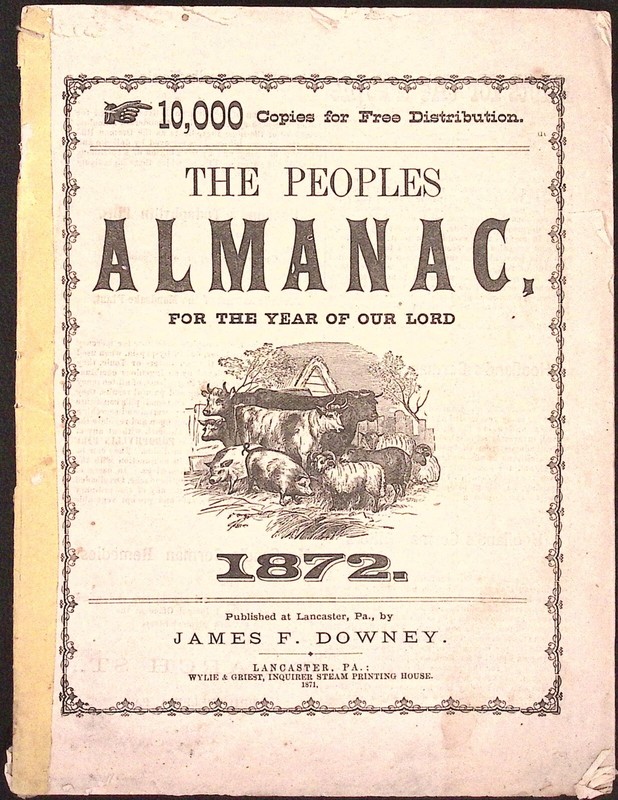 1872 The Peoples Almanac James F Downey Lancaster PA 38 pages