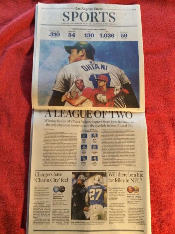 LA TIMES SPORTS SECTION NOVEMBER 22 2024 SHOHEI OHTANI DODGERS MVP