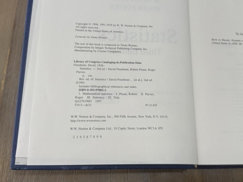 Statistics Third Edition by Freedman, Pisani, and Purves 1998 Hardcover gallery