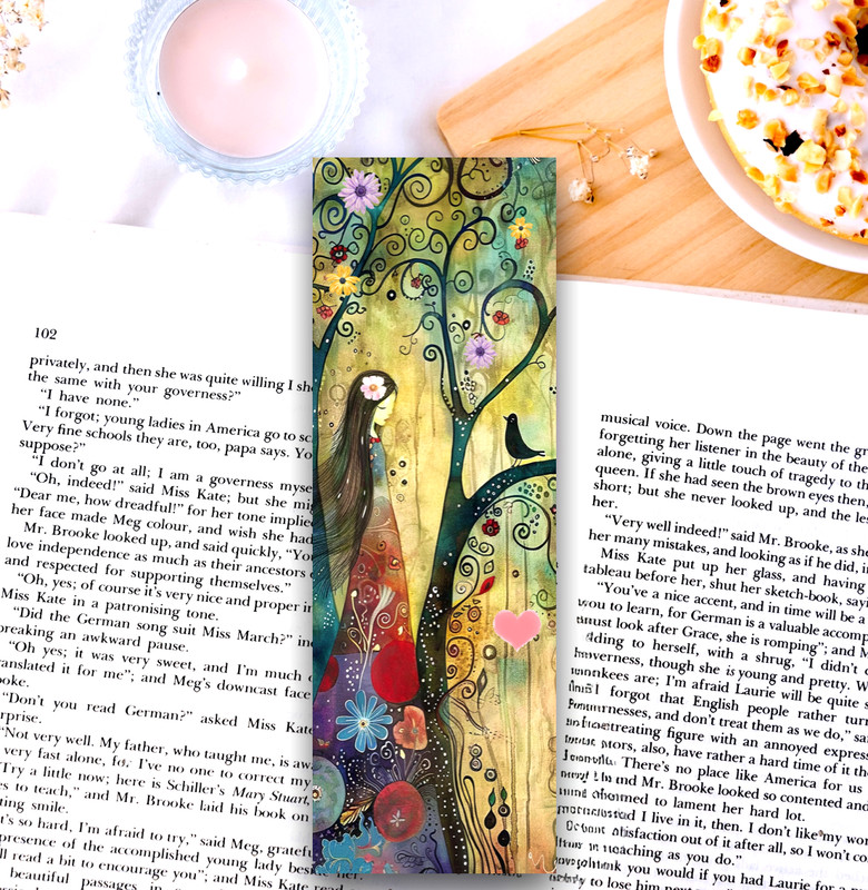 Handmade Bookmark – Girl In Whimsical Forest, 6×2 Unique Gift For Book Readers