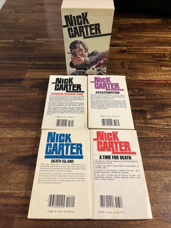 NICK CARTER VTG 1970's Spy Thriller PAPERBACK BOOK Lot Store Display Box SLEEVE gallery