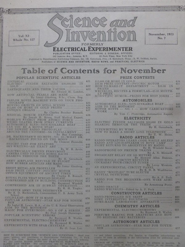Hugo Gernsback [Editor] – SCIENCE AND INVENTION Nov 1923 – Ray Cummings gallery
