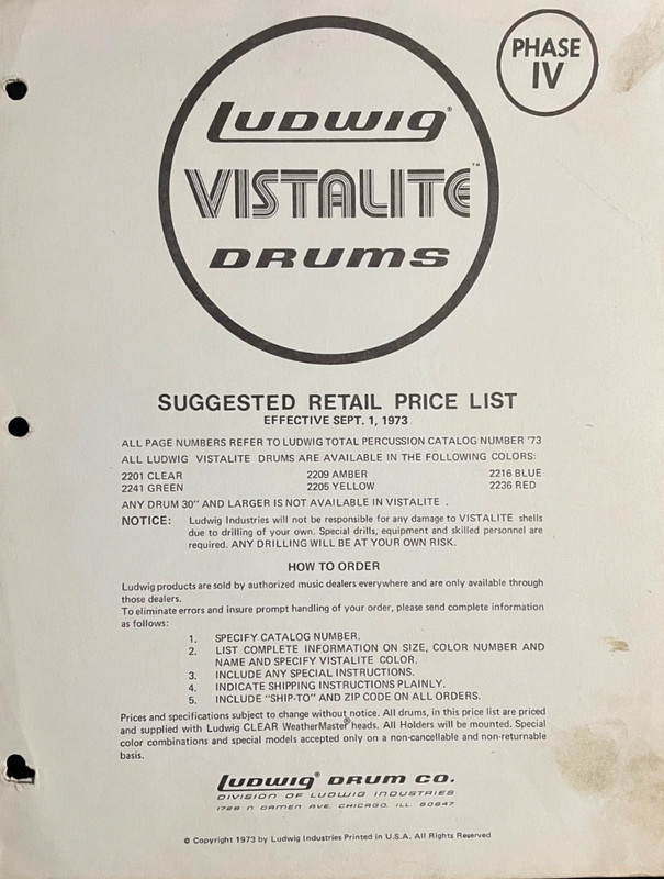 Original 1973 Ludwig Vistalite Drum Bi-Fold Price List 8.5″x11″
