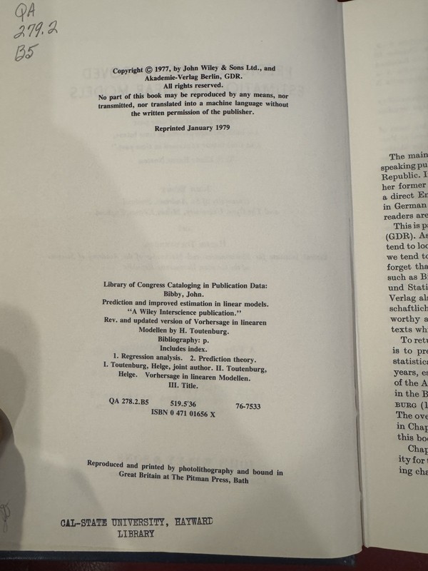 PREDICTION AND IMPROVED ESTIMATION IN LINEAR MODELS By John Bibby - Hardcover VG gallery