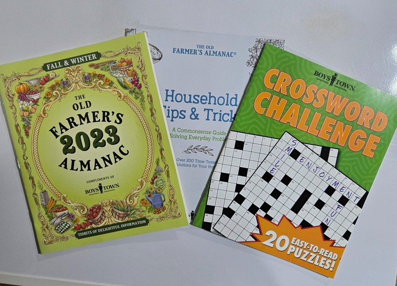 3 Boys Town Booklets 2023 Farmers Almanac, Household Tips & Crossword Puzzles