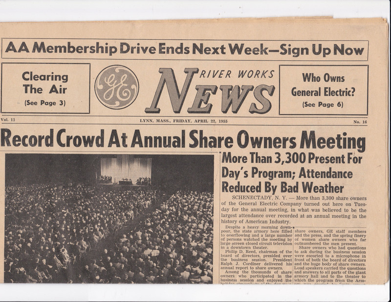 GENERAL ELECTRIC- RIVER WORKS NEWS. LYNN MASS. April 22, 1955