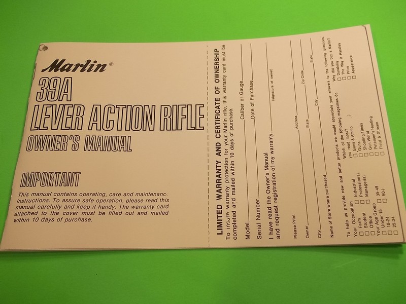 Marlin Model 39A Lever Action Rifle Owners Manual – Twelve pages good info