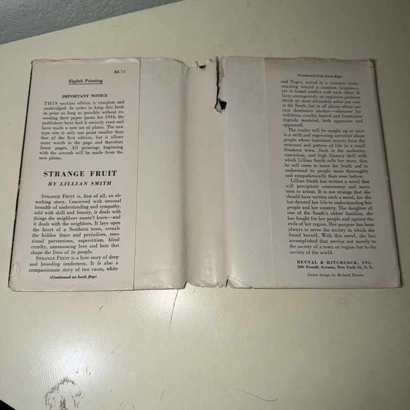 Strange Fruit A Novel By Lillian Smith 8th Printing c1944 Rare Book w Dustjacket gallery