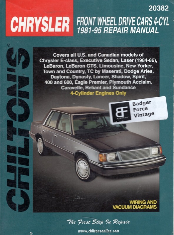 Chilton Repair Manual Chrysler 1981-95 Front-Wheel Drive Cars 4 CYL 20382 MN936